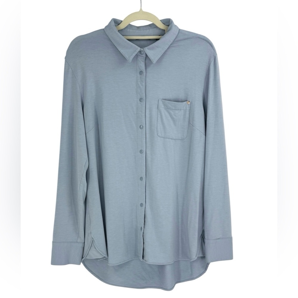 Betabrand Snap Button Soft Stretch Blouse Top Blue Long Sleeve High Low Hem